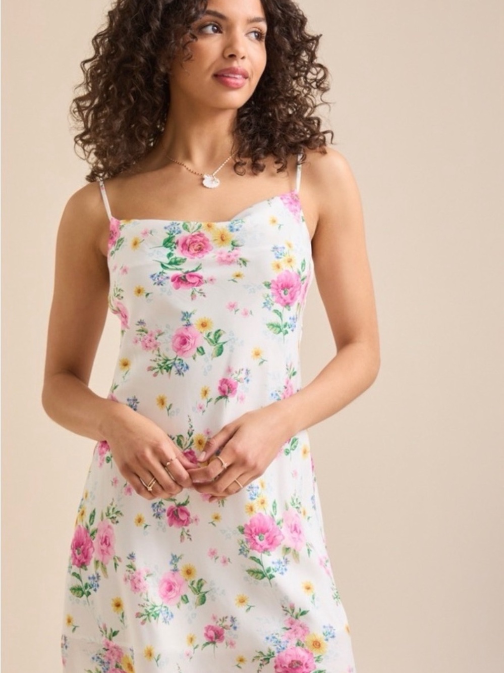 Altar'd State White Floral Slip Dress with Pink and Yellow Blooms